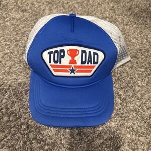 Top Dad Top Gun Snap Back Trucker Hat Cap Adult Mens Blue White Mesh Movie Retro